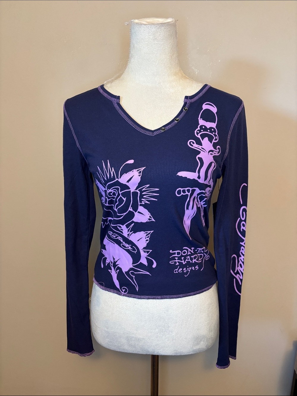 Ed Hardy Dagger Rose Purple Thermal Long Sleeve Notched T-Shirt